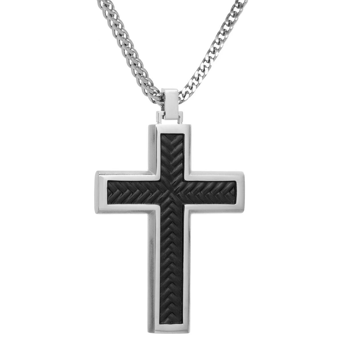 Mens Lynx Stainless Black Ion Plating Textured Cross Pendant