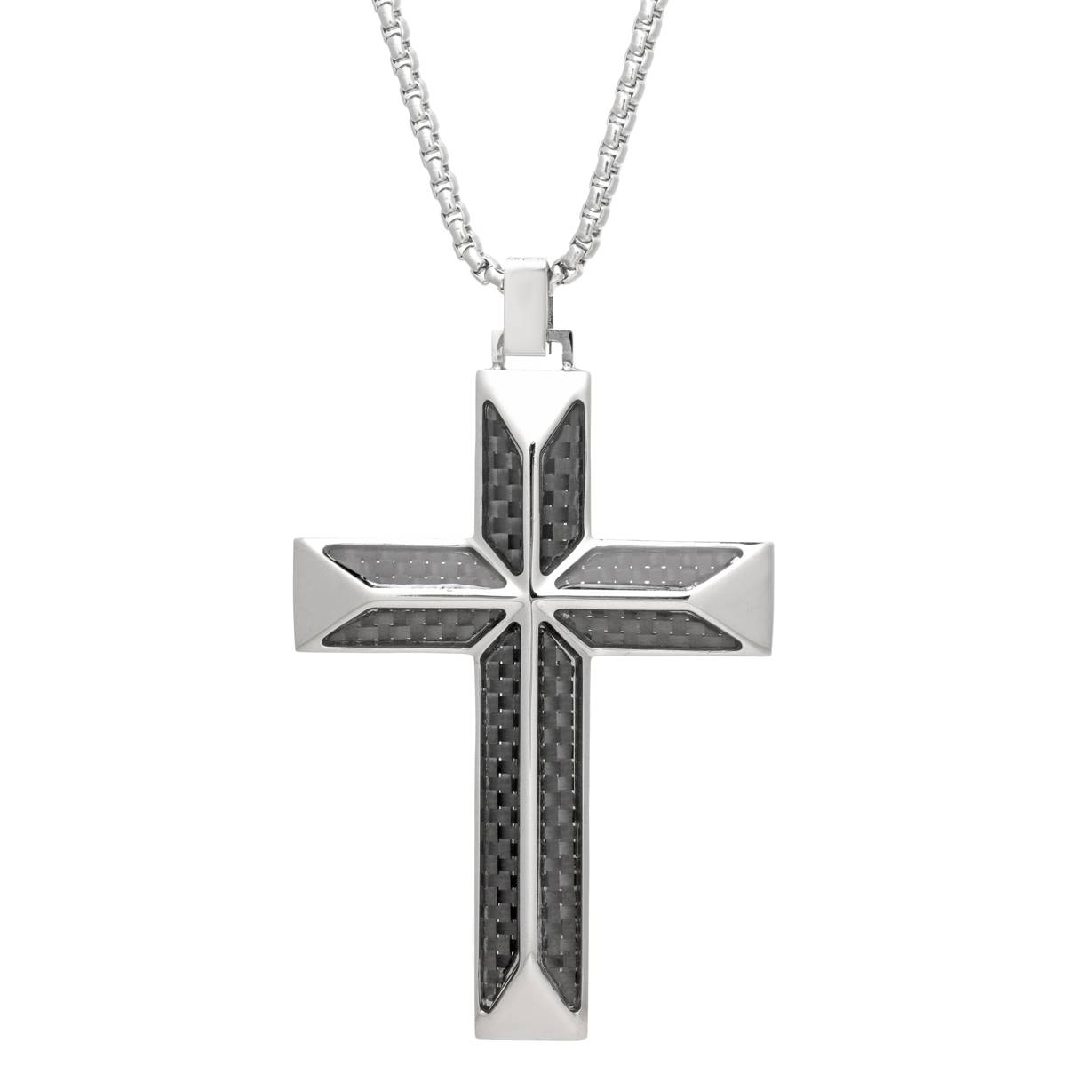 Mens Lynx Stainless Steel & Carbon Chain Cross Pendant