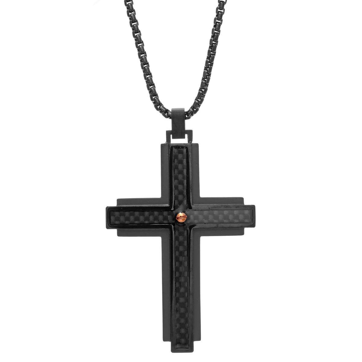 Mens Lynx Stainless Steel With Carbon & Black IP Cross Pendant