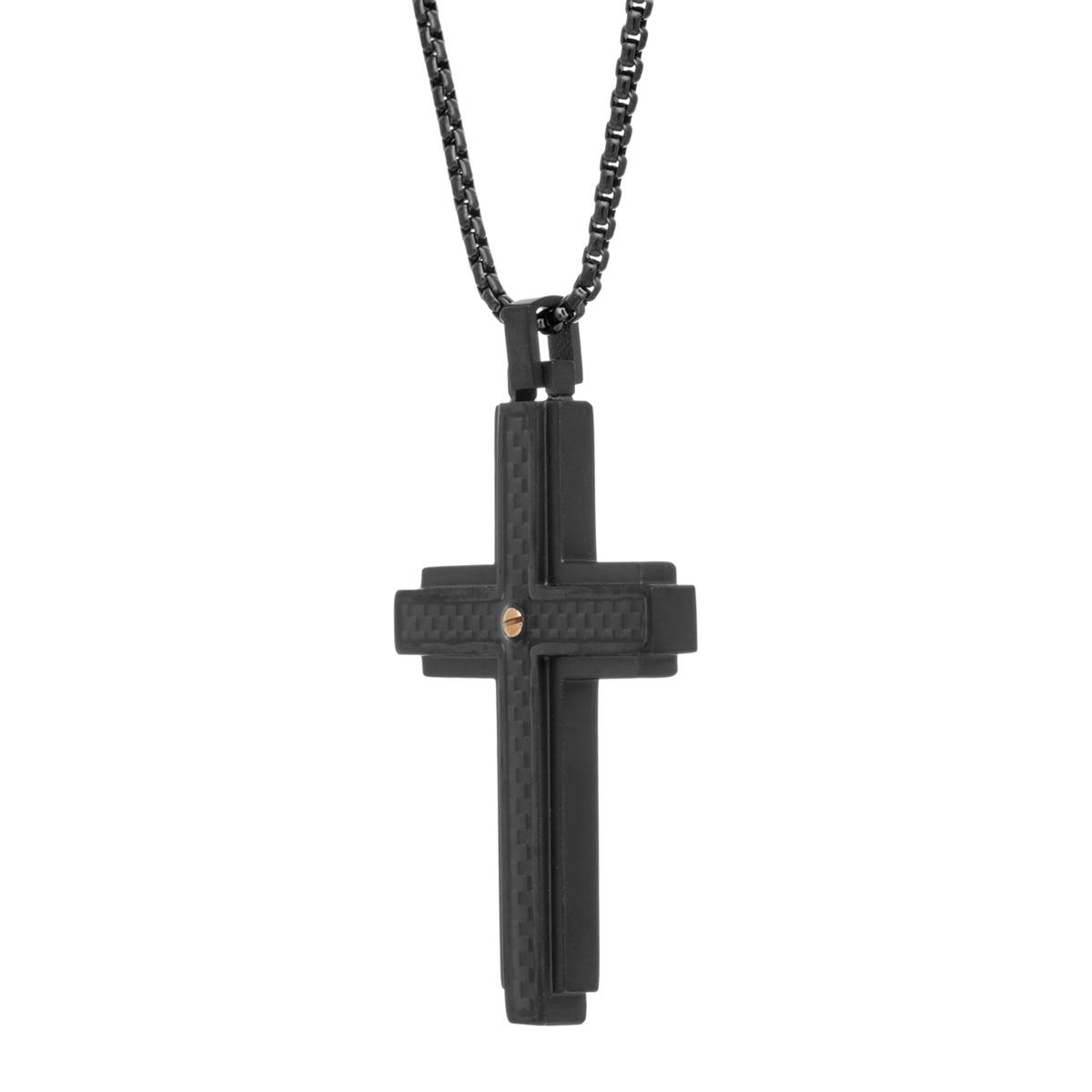 Mens Lynx Stainless Steel With Carbon & Black IP Cross Pendant