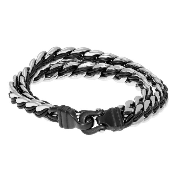 Mens Lynx Stainless Steel Black Leather Wrap Bracelet alternate view