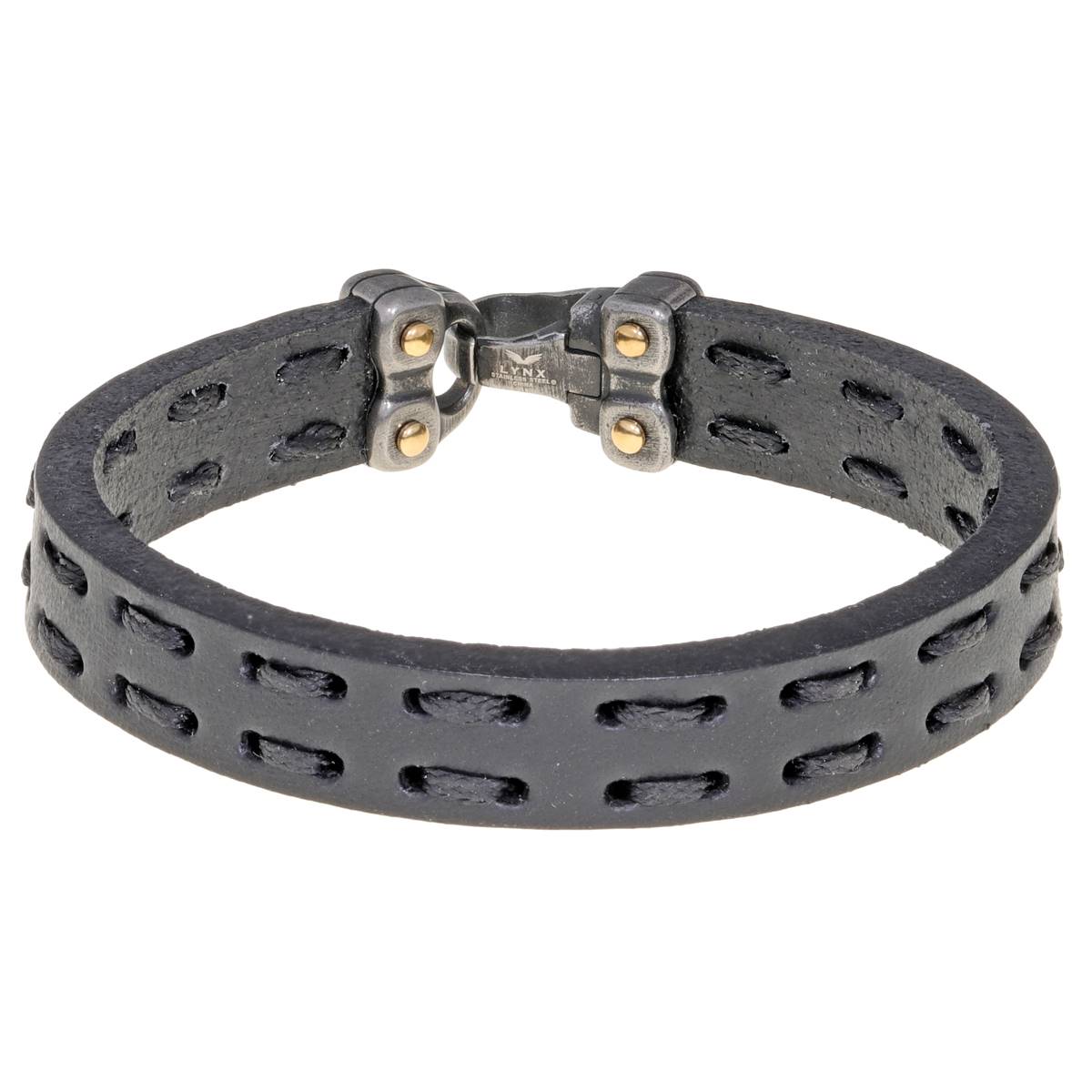 Mens Lynx Stainless Steel & Black Leather Clasp Bracelet