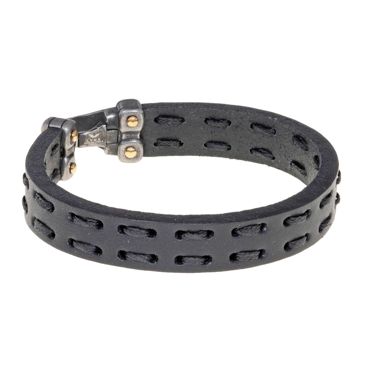 Mens Lynx Stainless Steel & Black Leather Clasp Bracelet