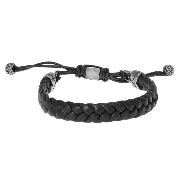 Mens Lynx Stainless Steel Braided Black Leather Bracelet