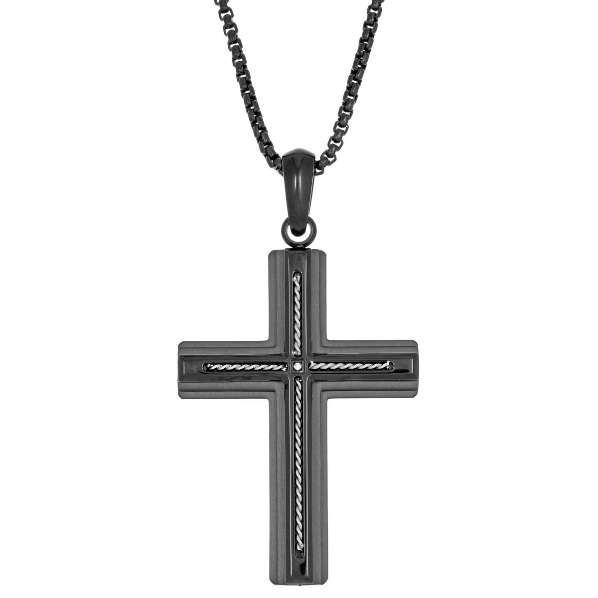 Mens Lynx CZ & Black Ion Plating Chain Cross Pendant