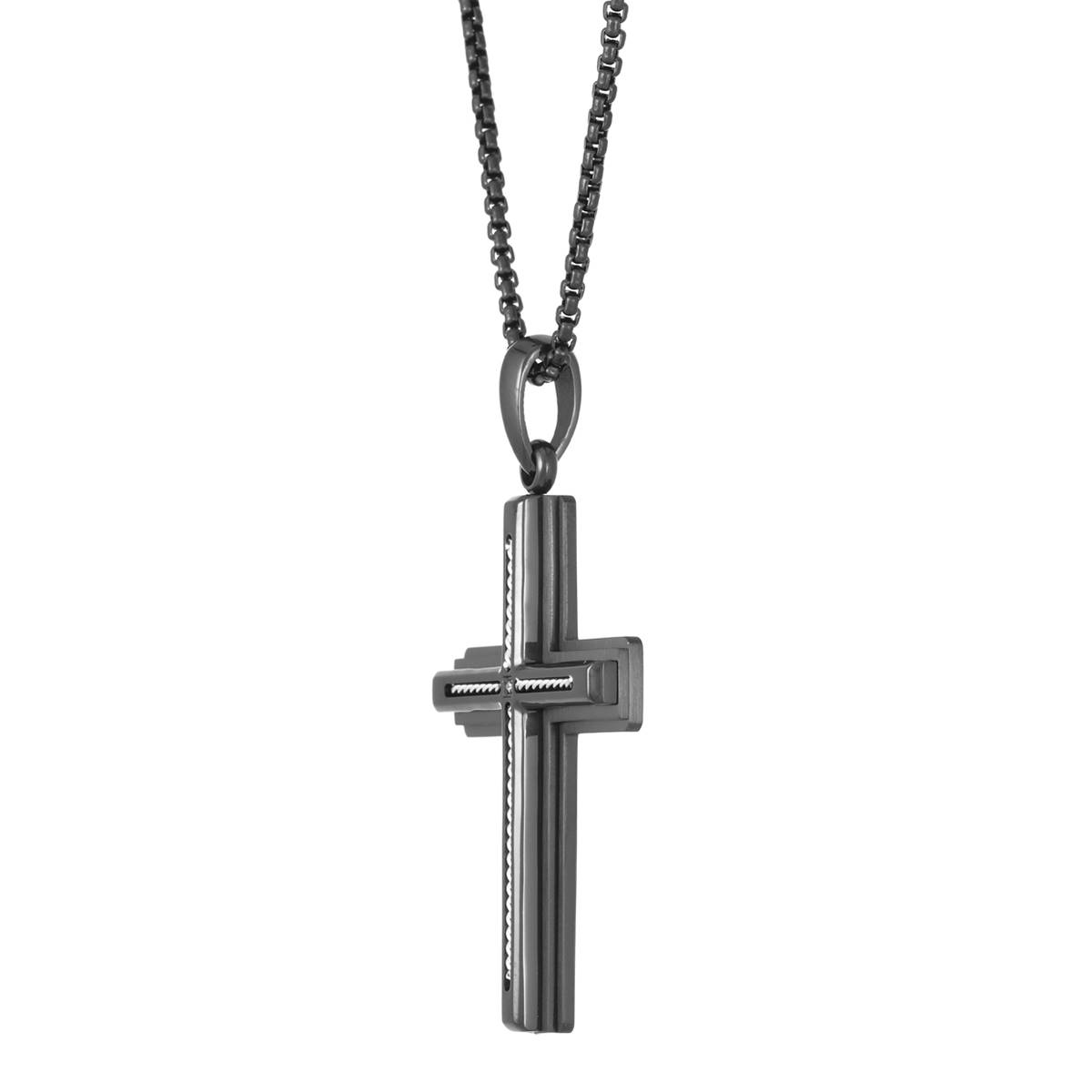 Mens Lynx CZ & Black Ion Plating Chain Cross Pendant