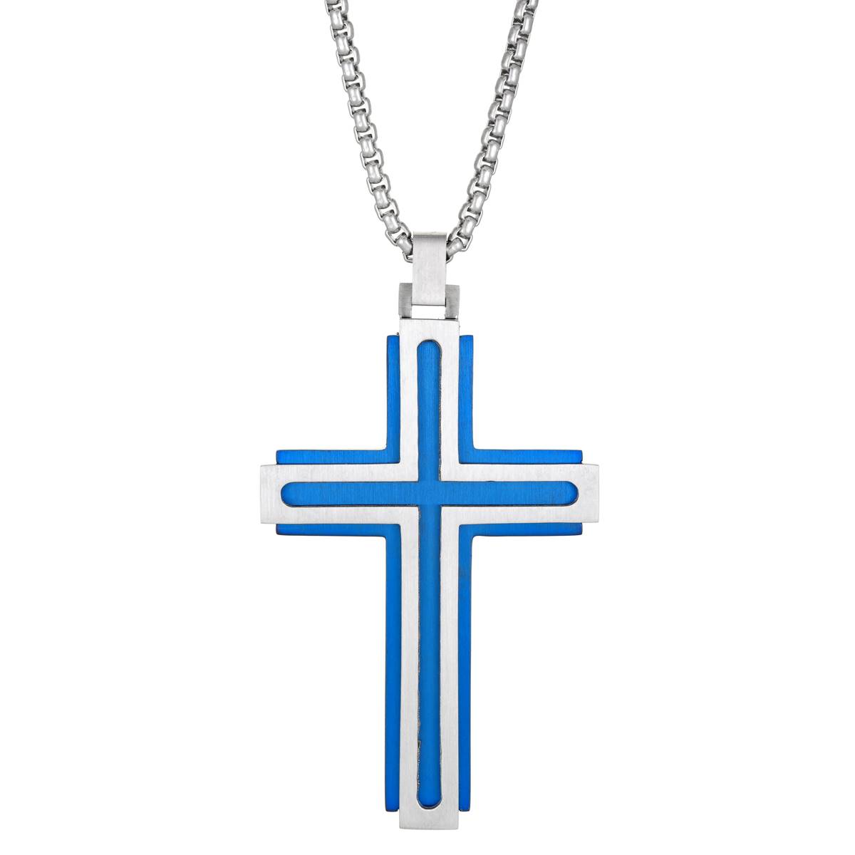 Mens Lynx Stainless Steel With Blue Ion Plating Cross Pendant