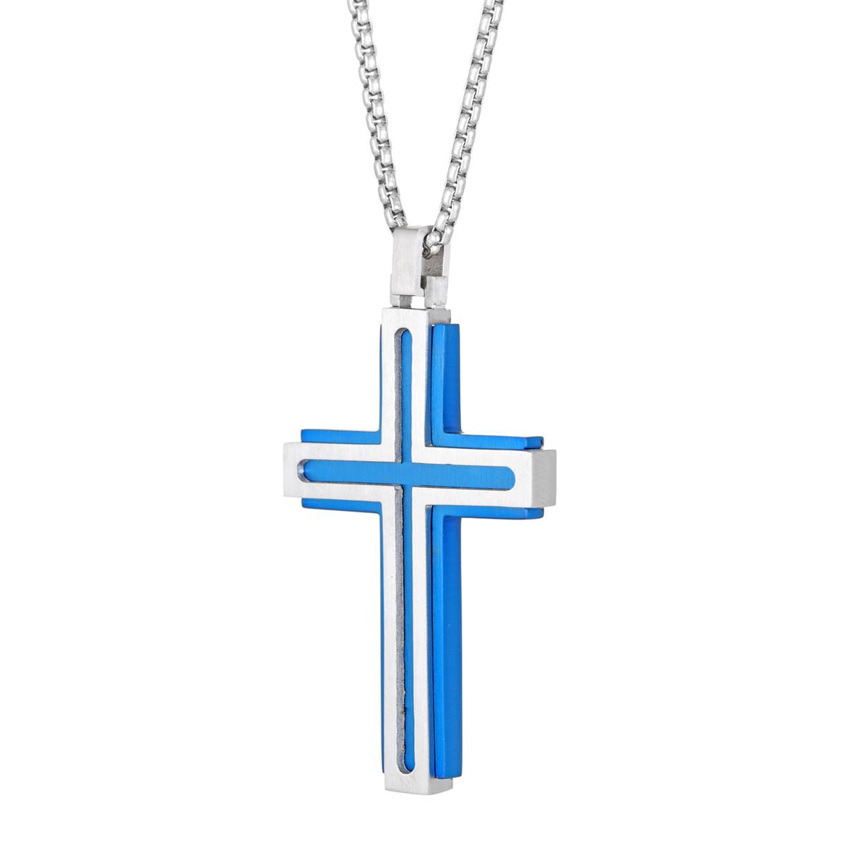 Mens Lynx Stainless Steel With Blue Ion Plating Cross Pendant