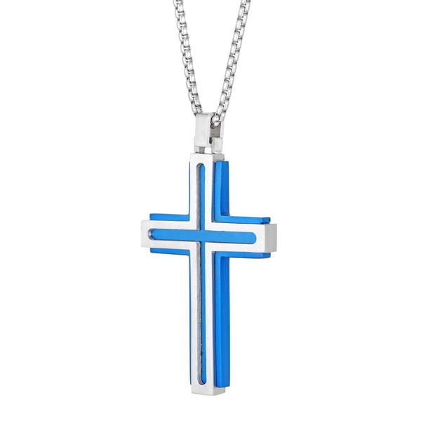 Mens Lynx Stainless Steel with Blue Ion Plating Cross Pendant alternate view