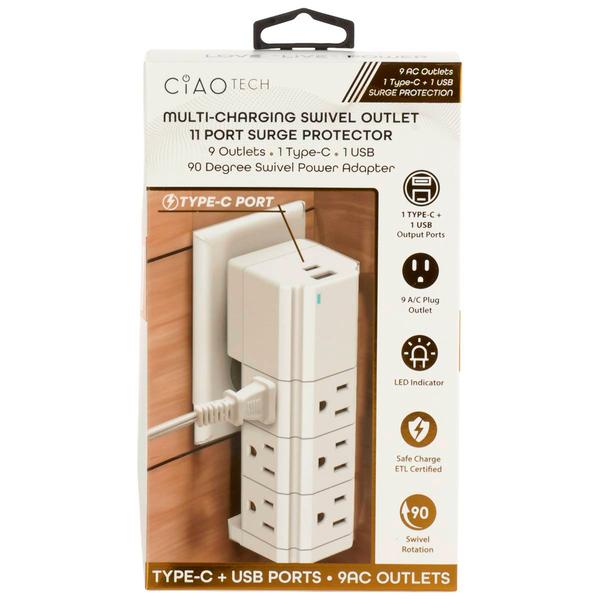 Ciao Tech 9 A/C Outlet Wall Charger with 1 USB & 1 Type C