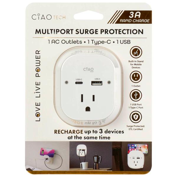 Ciao Tech Wall Charger with A/C, USB, & Type C Port