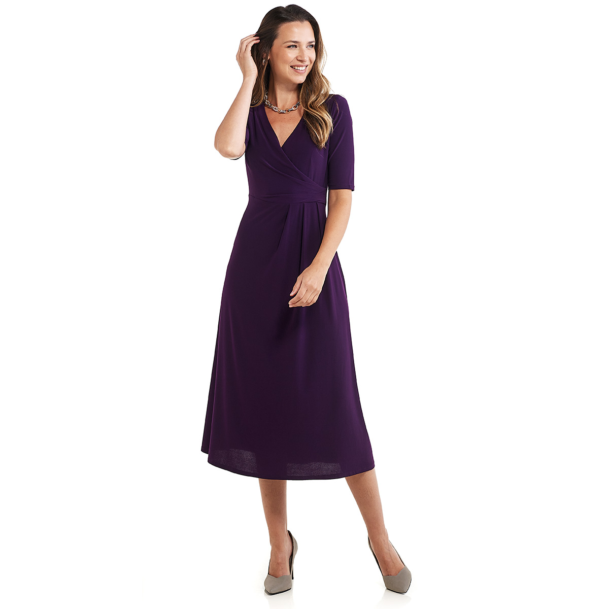 Womens MSK Solid Elbow Sleeve Surplice Midi Dress