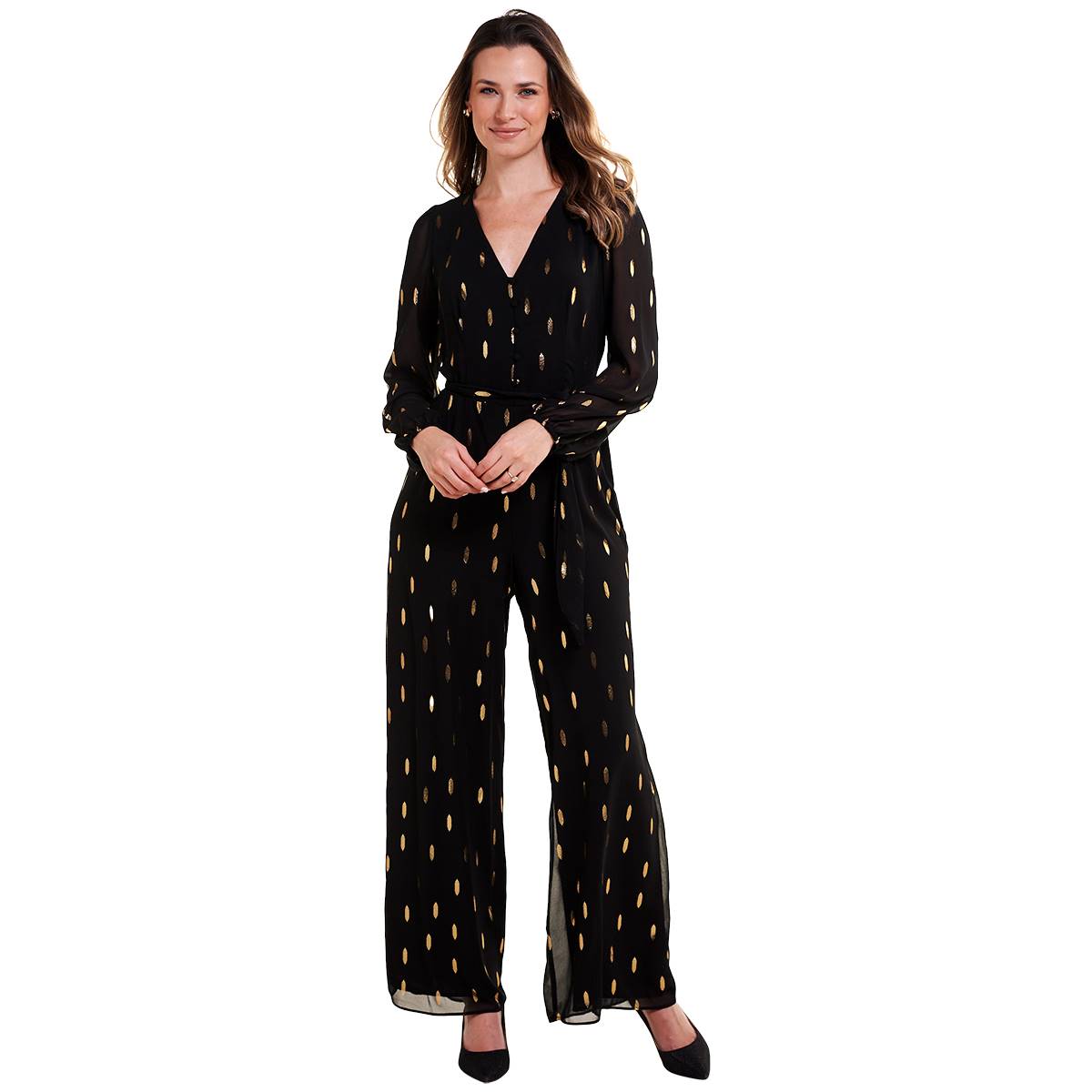 Womens MSK Long Sleeve V-Neck 1/4 Button Foil Dot Jumpsuit