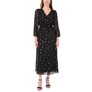Womens MSK Long Sleeve Surplice Neck Chiffon Foil Midi Dress