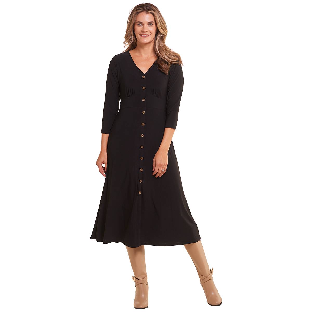 Womens MSK 3/4 Sleeve V-Neck Button Front Midi Dress