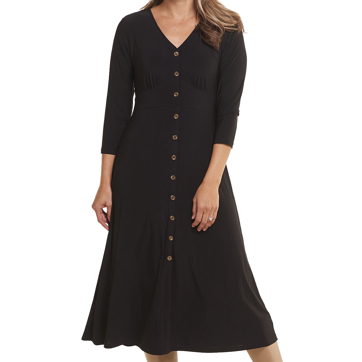 Womens MSK 3/4 Sleeve V-Neck Button Front Midi Dress