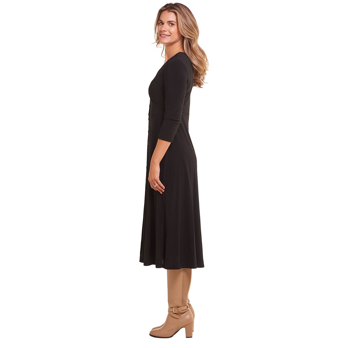 Womens MSK 3/4 Sleeve V-Neck Button Front Midi Dress