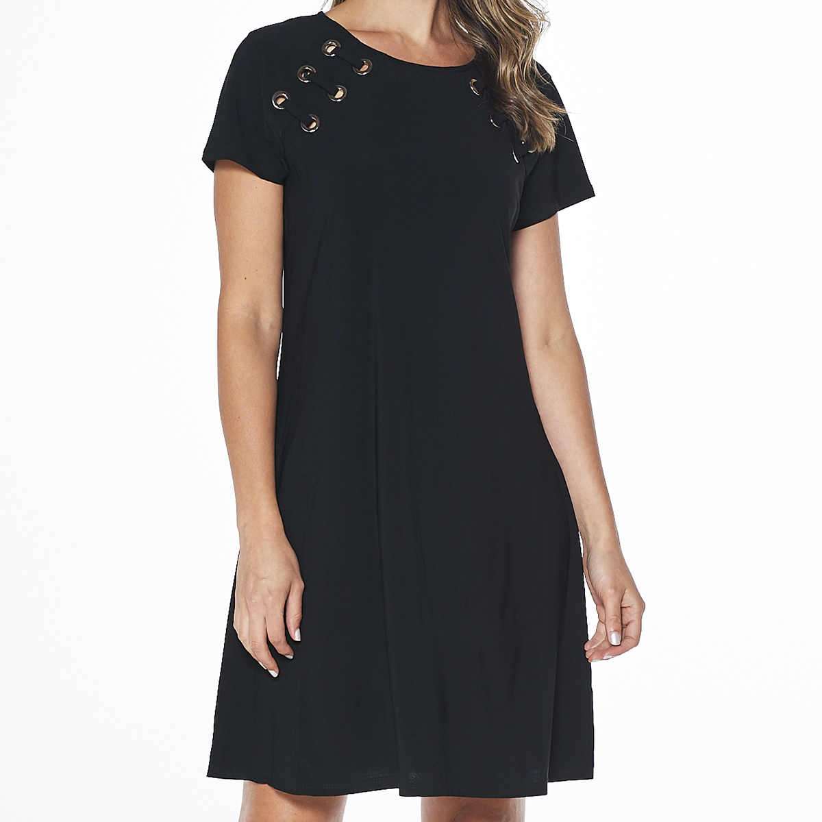 Womens MSK Short Sleeve Grommet Trim A-Line Dress