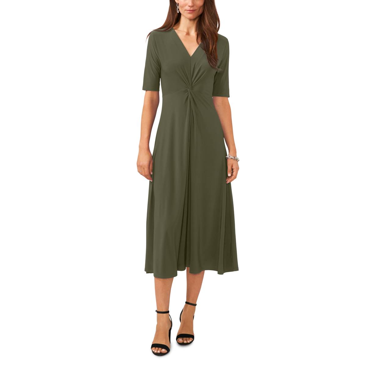 Womens MSK Elbow Sleeve V-Neck Twist Front Midi Dress