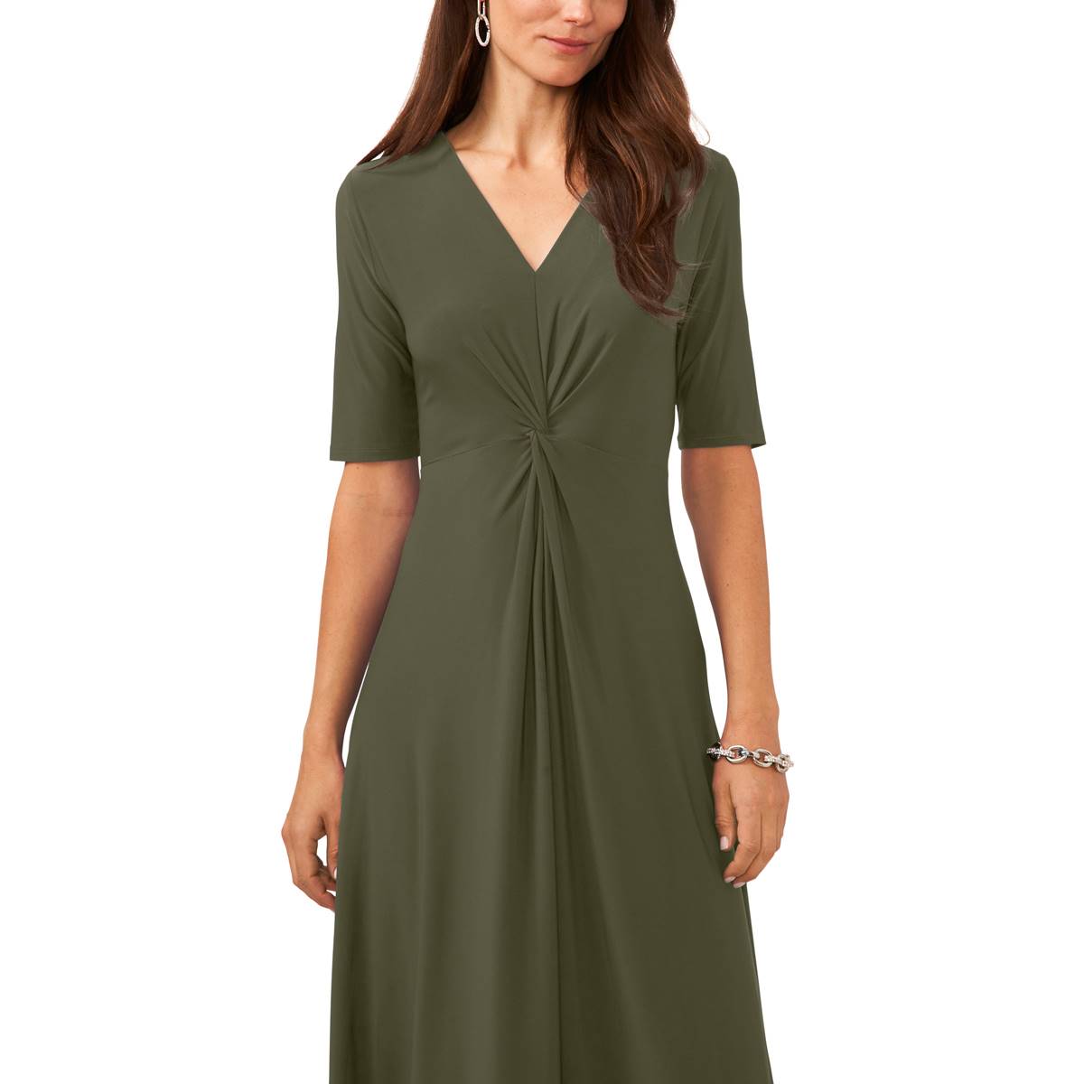 Womens MSK Elbow Sleeve V-Neck Twist Front Midi Dress