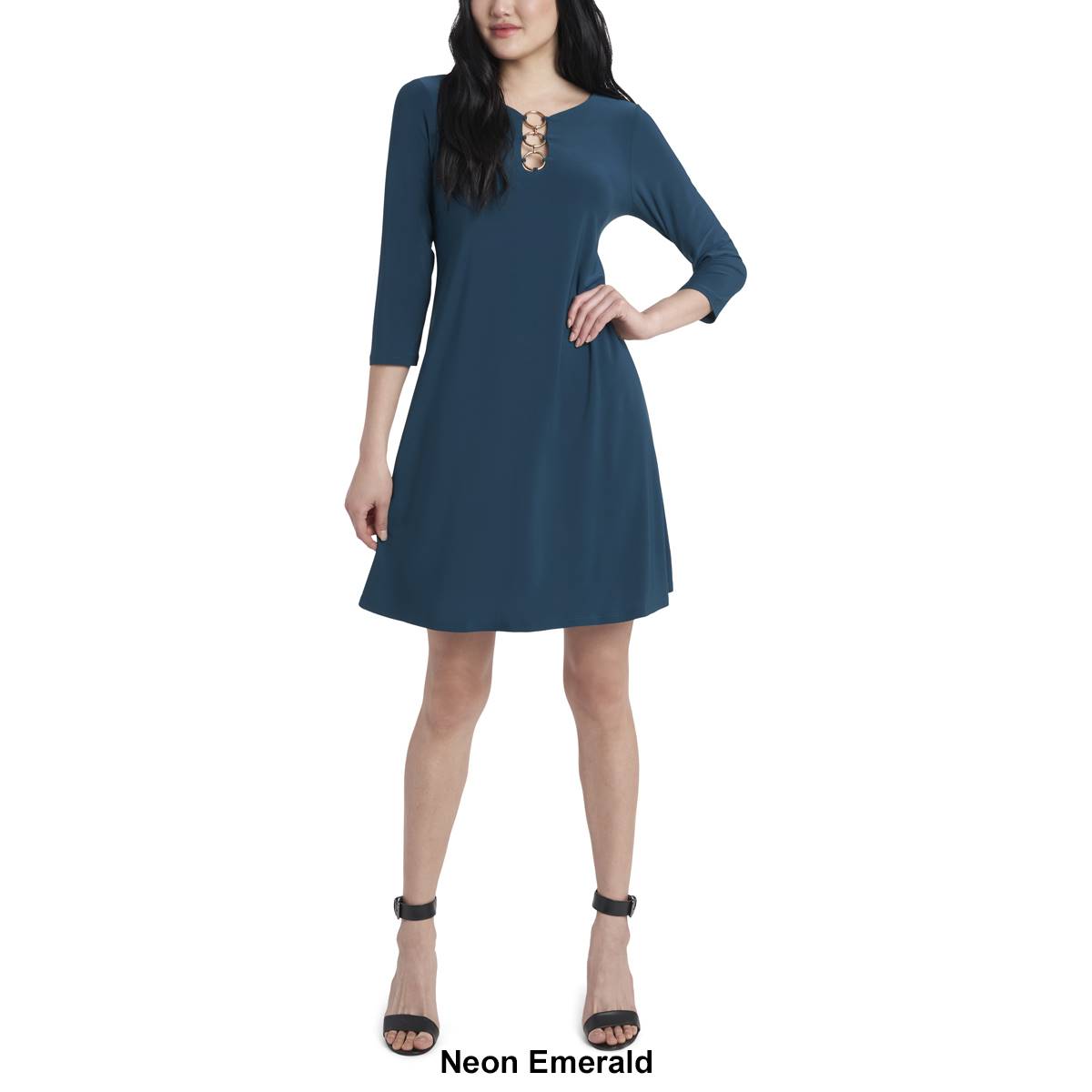 Womens MSK 3/4 Sleeve Solid Three Ring Fit & Flare Dress