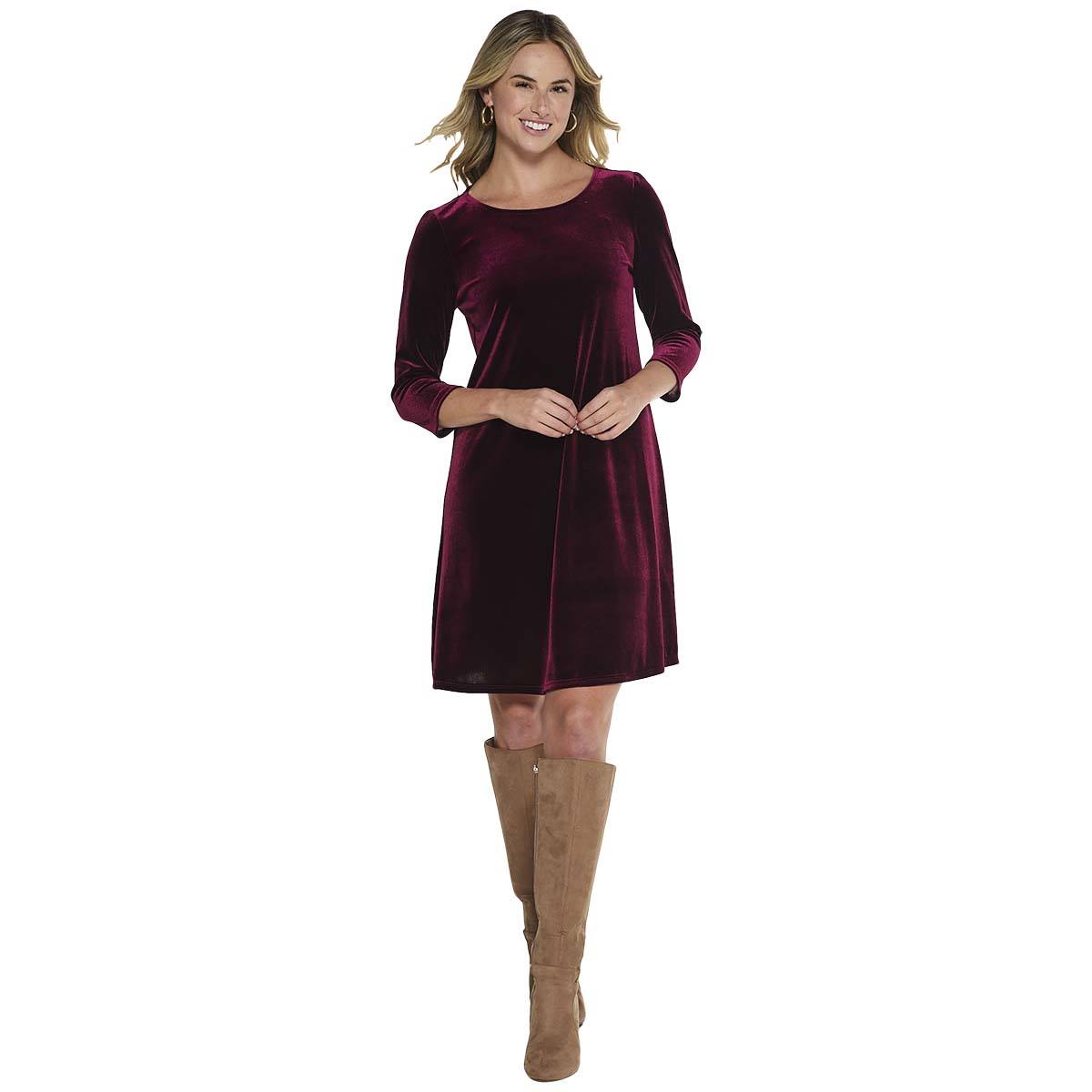 Womens MSK 3/4 Sleeve Velvet Solid A-Line Dress