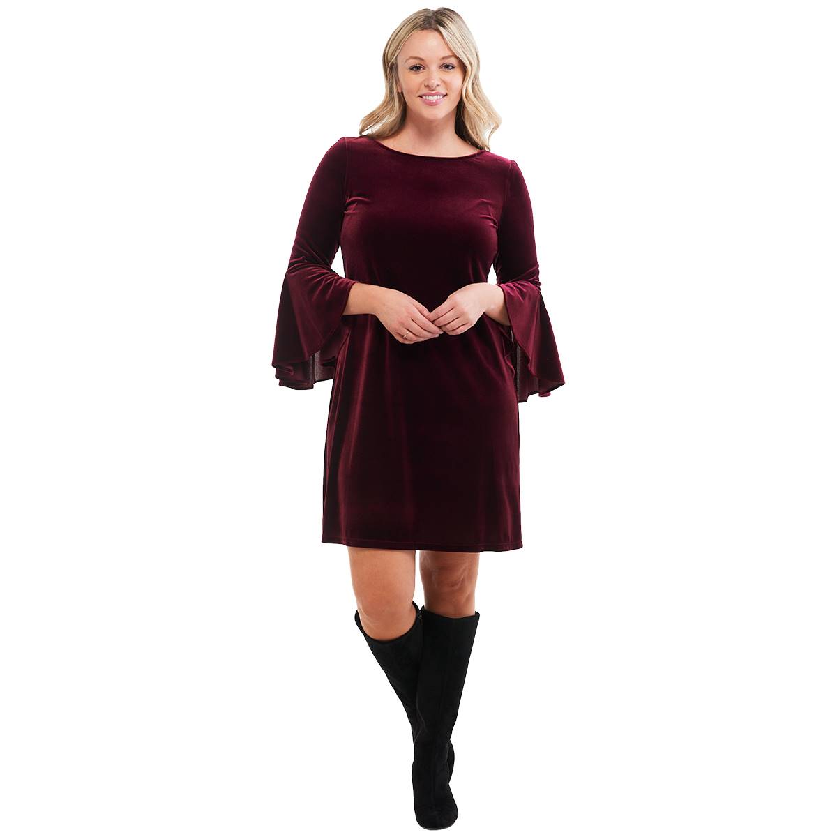 Womens MSK Solid Bell Sleeve Velvet A-Line Dress