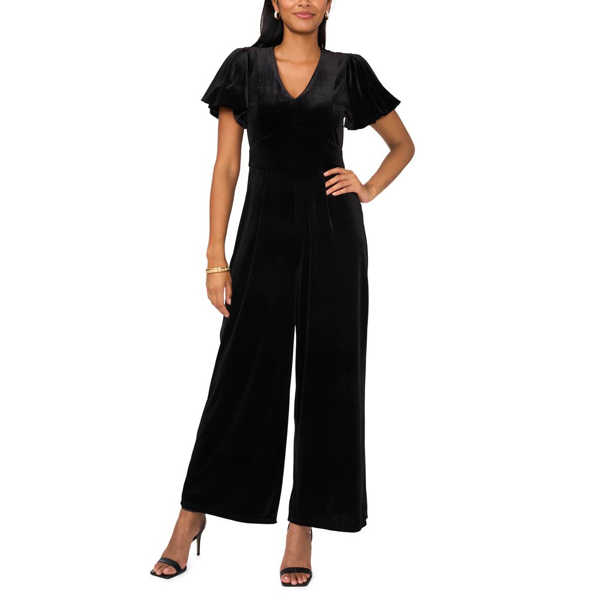 Womens MSK Short Puff Sleeve Velvet Jumpsuit