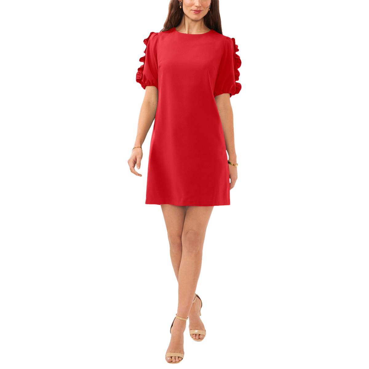 Womens MSK Puff Ruffle Trim Sleeve Crepe Shift Dress