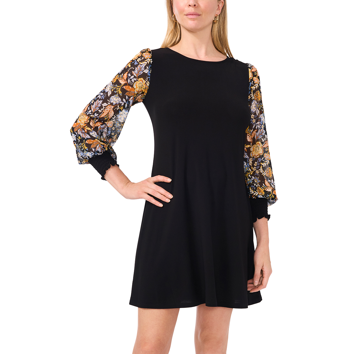 Womens MSK Long Sleeve Floral Smock Sleeve Solid Shift Dress