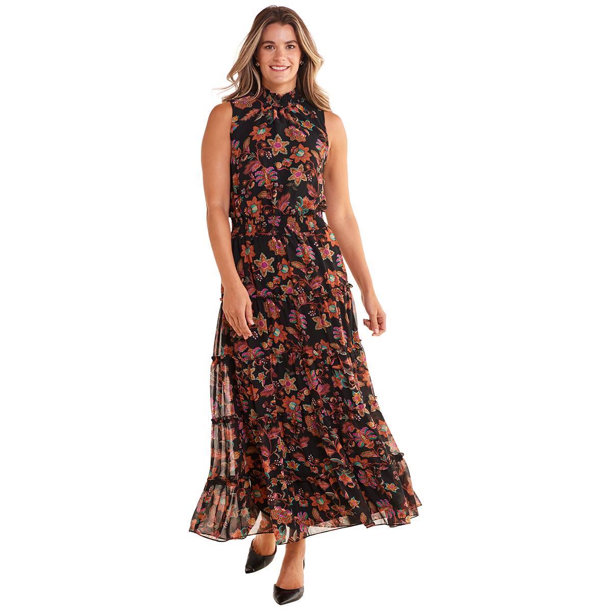 Womens MSK Mock Neck Floral Tiered Maxi