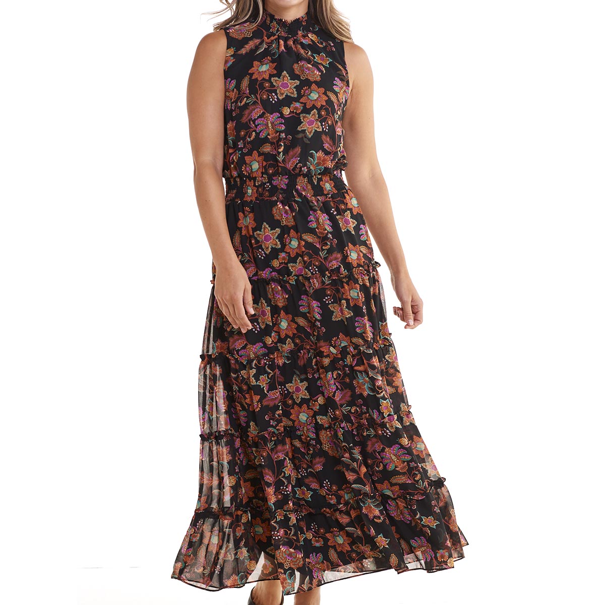 Womens MSK Mock Neck Floral Tiered Maxi