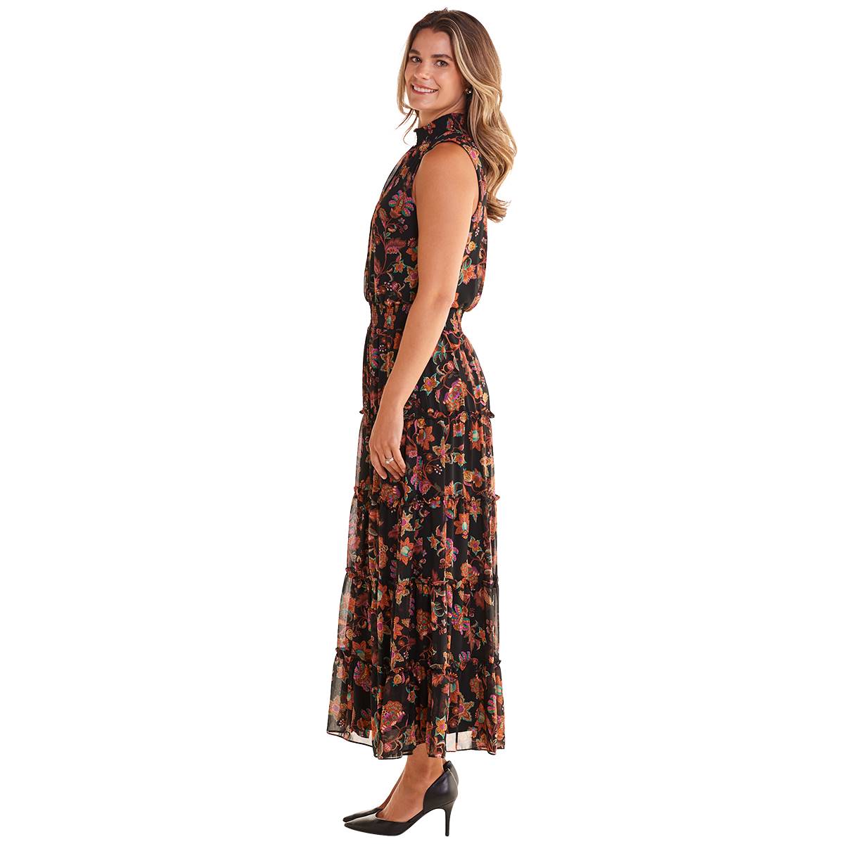 Womens MSK Mock Neck Floral Tiered Maxi