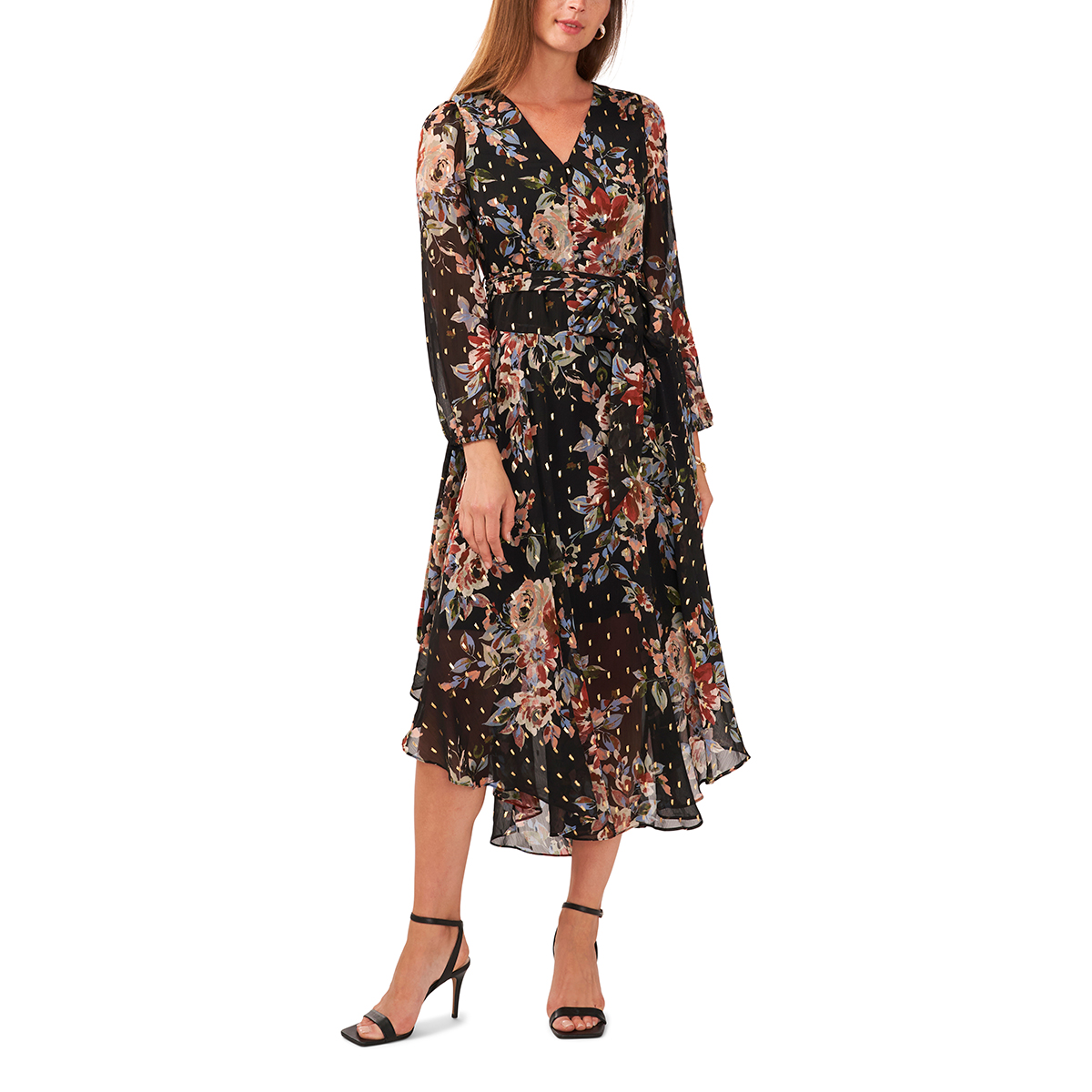 Womens MSK Long Sleeve V-Neck Foil Dot Floral Midi Dress