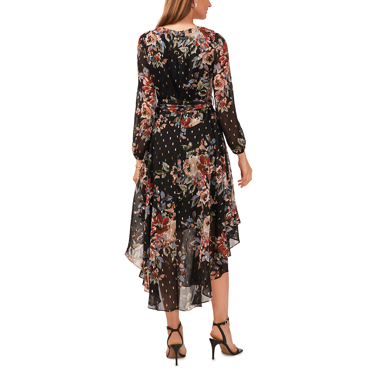 Womens MSK Long Sleeve V-Neck Foil Dot Floral Midi Dress