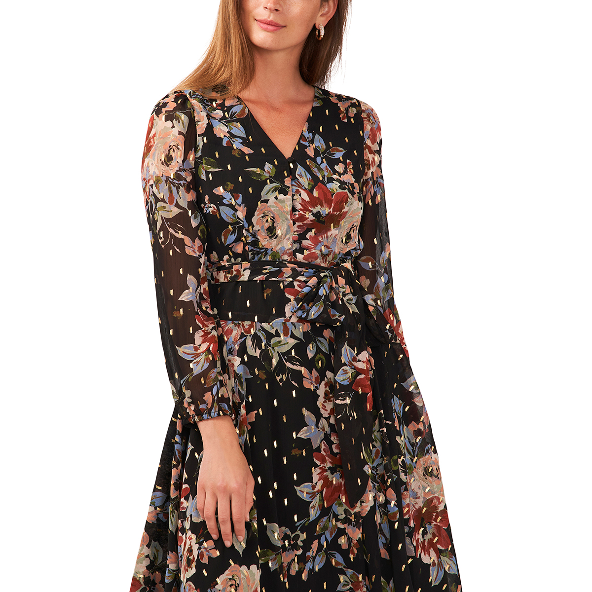 Womens MSK Long Sleeve V-Neck Foil Dot Floral Midi Dress