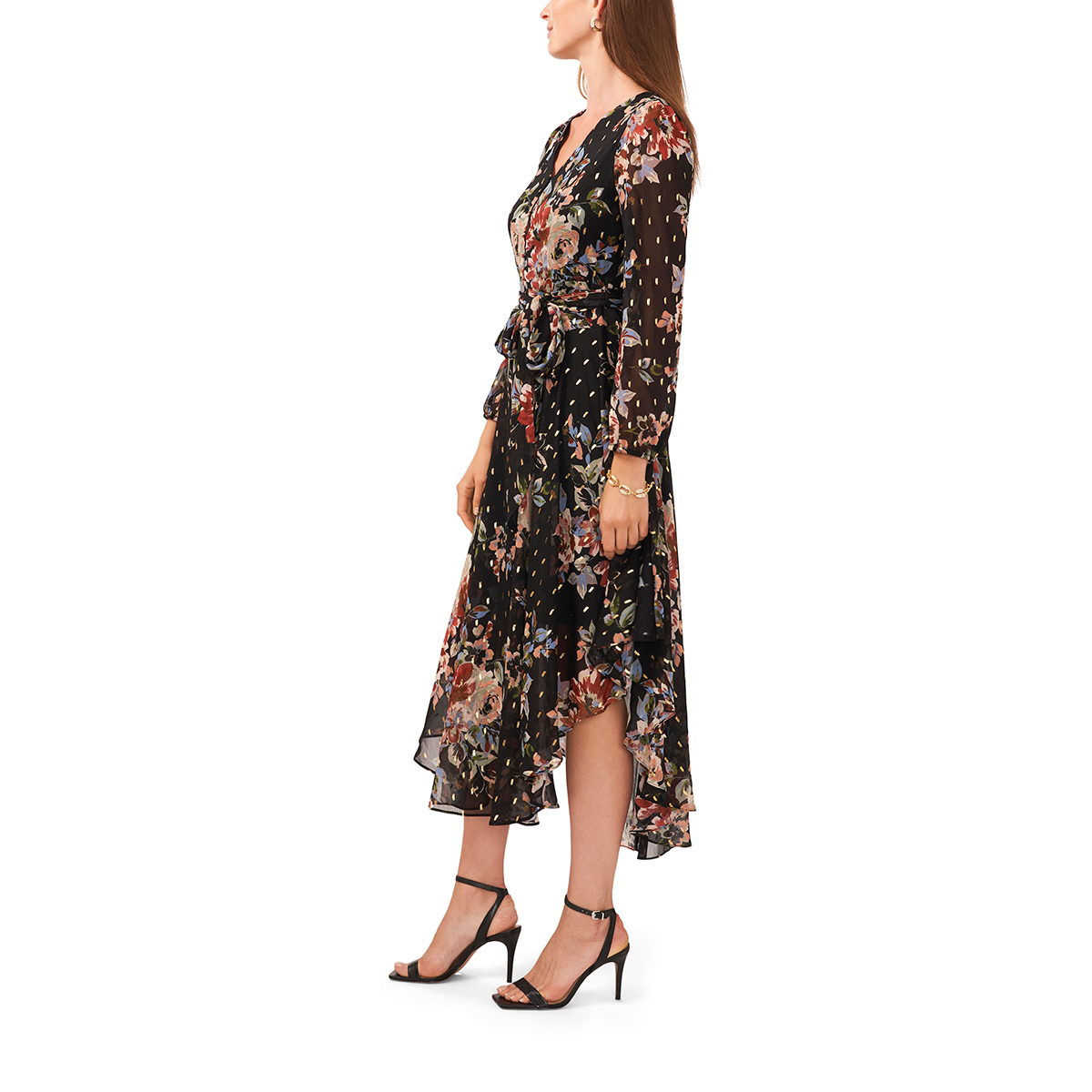 Womens MSK Long Sleeve V-Neck Foil Dot Floral Midi Dress