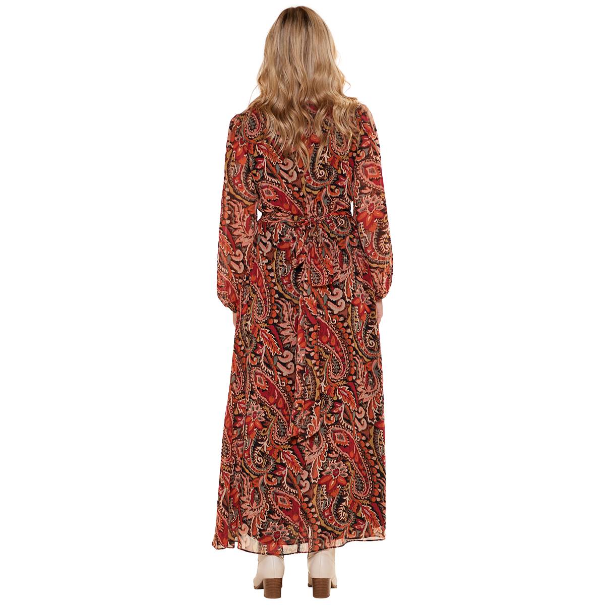 Womens MSK Long Sleeve V-Neck Paisley Chiffon Maxi Dress