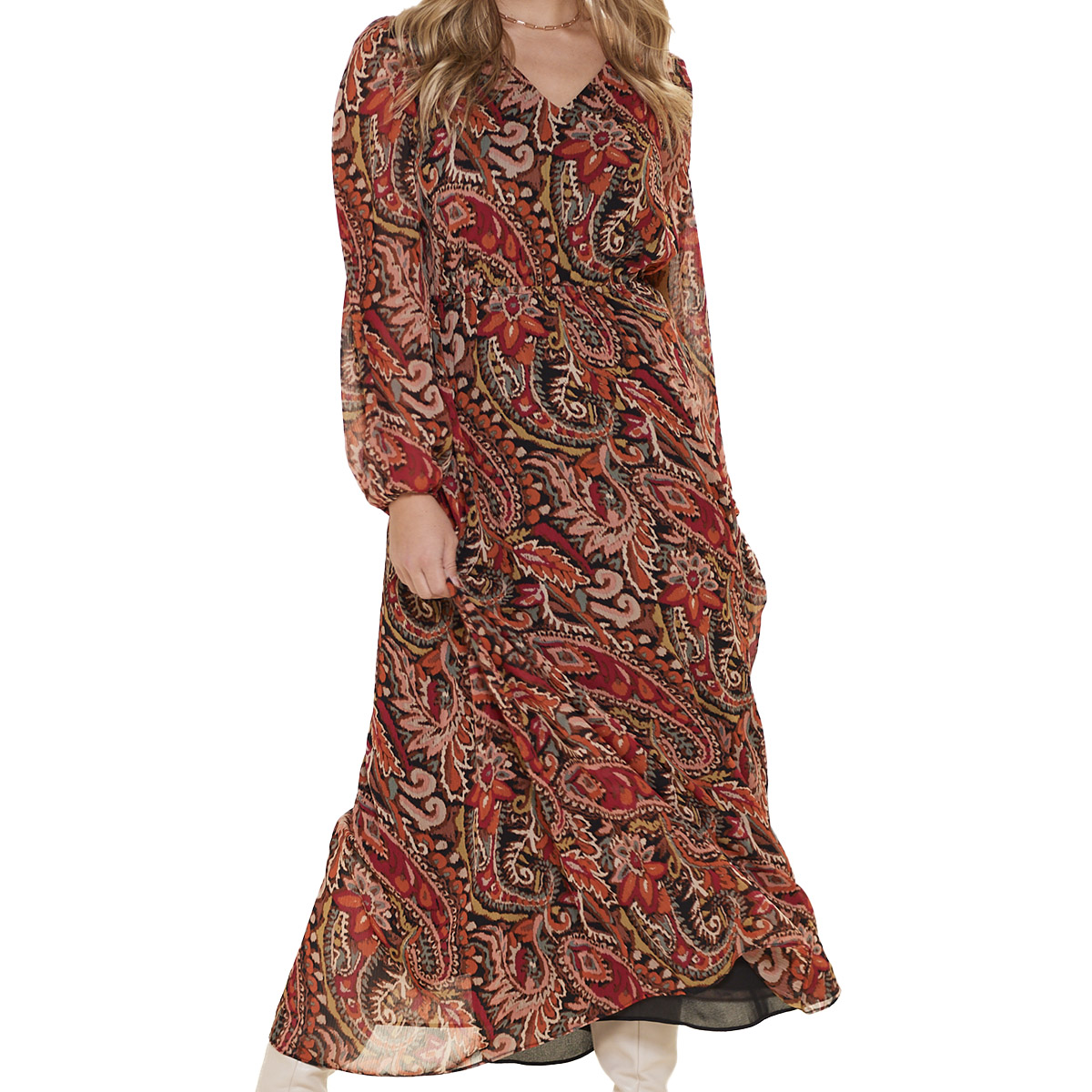 Womens MSK Long Sleeve V-Neck Paisley Chiffon Maxi Dress