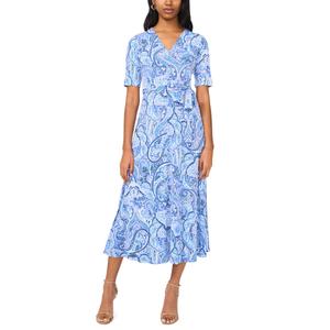 Womens MSK Short Sleeve V Neck Paisley Midi Dress