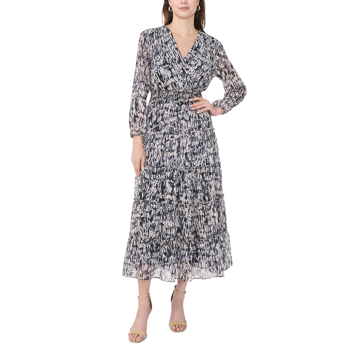 Womens MSK Long Sleeve Tiered Abstract Midi Dress