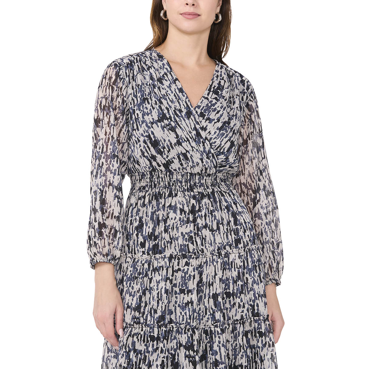 Womens MSK Long Sleeve Tiered Abstract Midi Dress