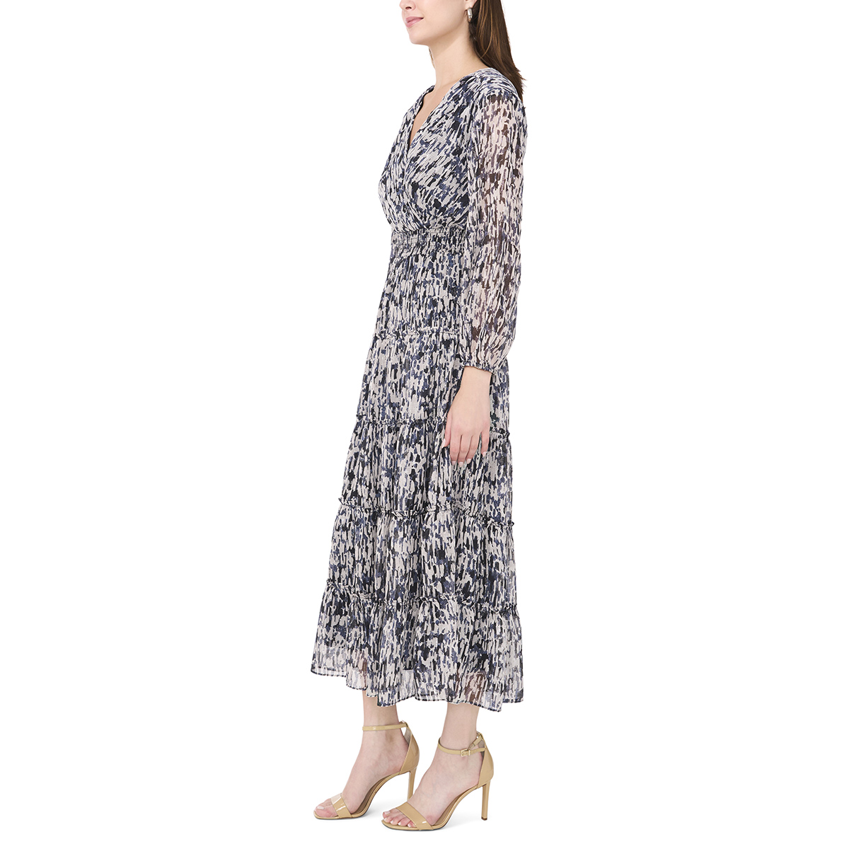 Womens MSK Long Sleeve Tiered Abstract Midi Dress