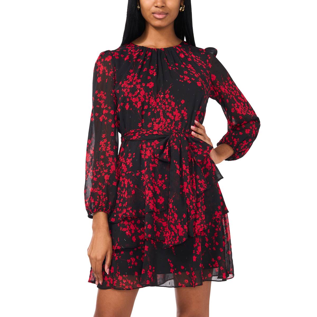 Womens MSK Long Sleeve Chiffon Tiered Hem Fit & Flare Dress