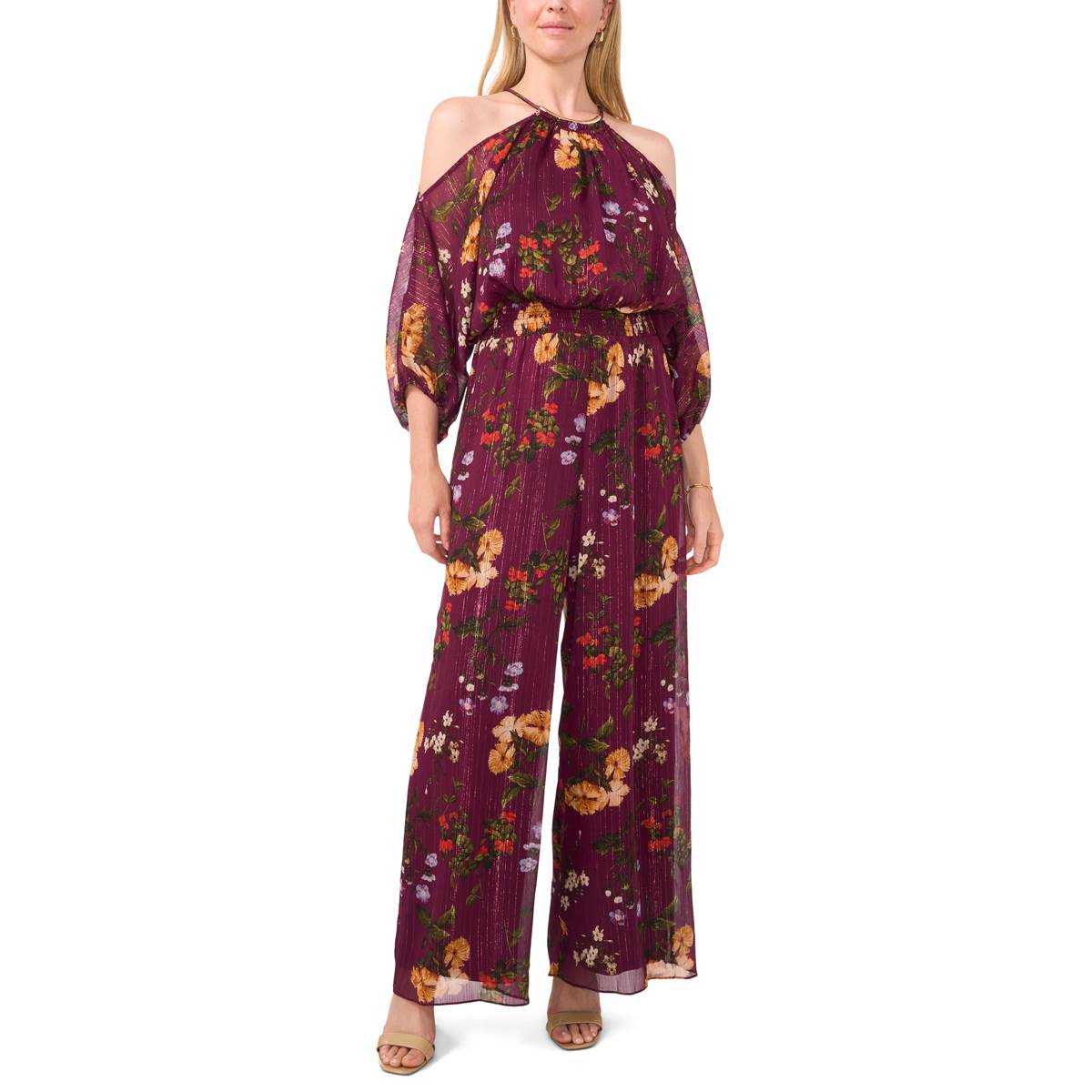 Womes MSK Cold Shoulder Floral Lurex Stripe Jumpsuit