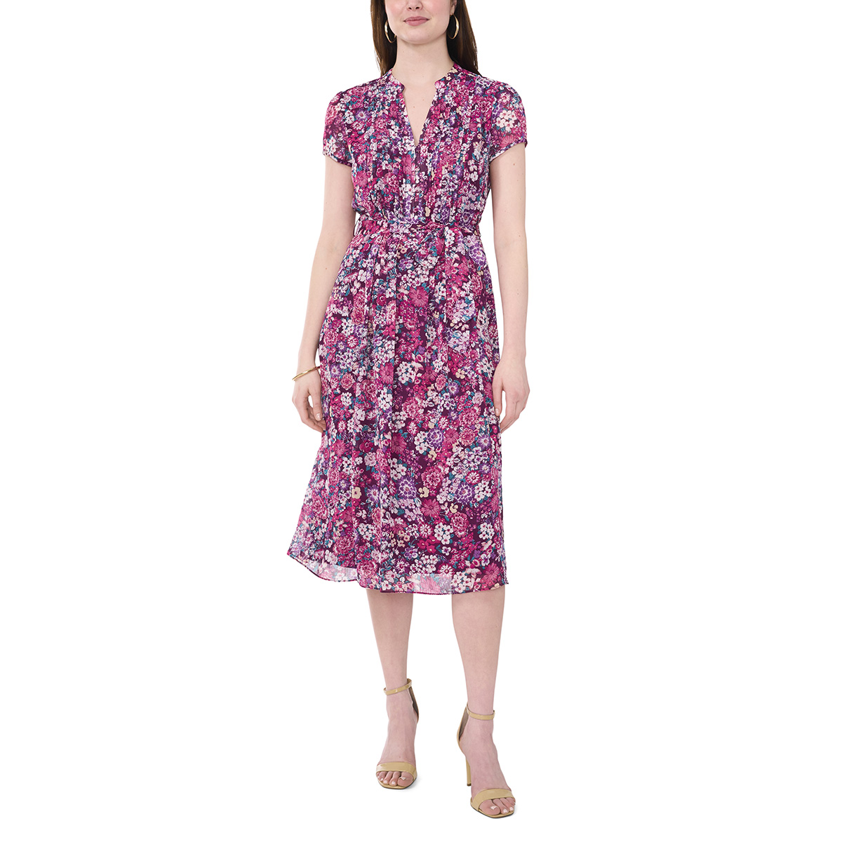 Womens MSK Short Sleeve Floral Bouquet Pintuck Midi Dress