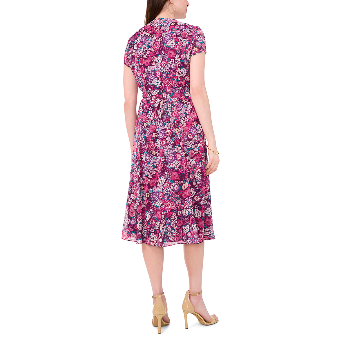 Womens MSK Short Sleeve Floral Bouquet Pintuck Midi Dress