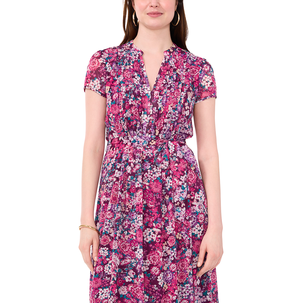 Womens MSK Short Sleeve Floral Bouquet Pintuck Midi Dress