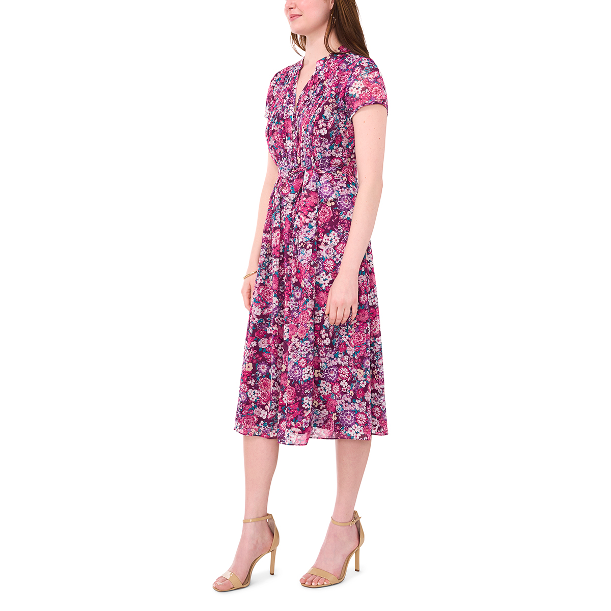 Womens MSK Short Sleeve Floral Bouquet Pintuck Midi Dress