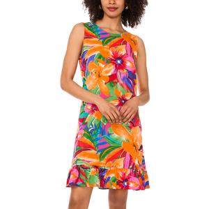 Womens MSK Sleeveless Tropical Challis Ruffle Hem Shift Dress